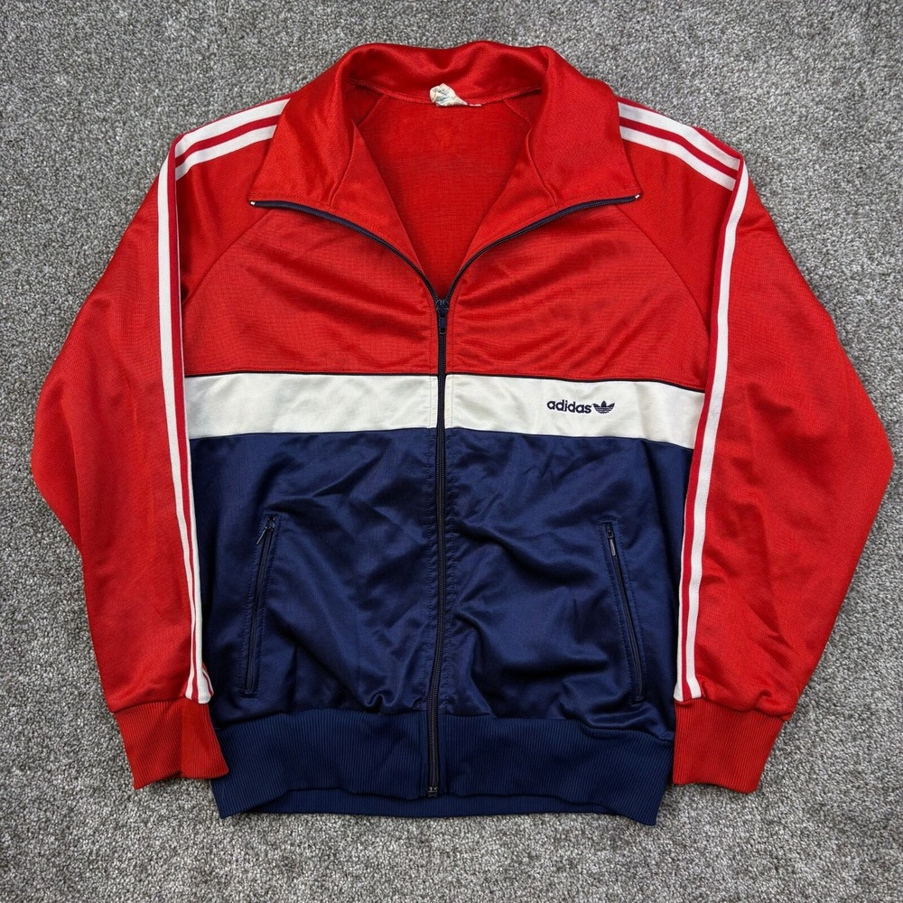 Vintage 70s Adidas Track Jacket Mens Small Blue Red Sideline Soft Shell Full Zip